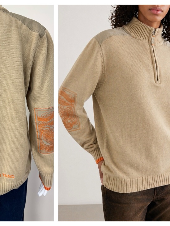 Shanghai Tang Sweaters - Shanghai Tang Cotton Quarter Zip Sweater Beige Orange Dragon Patch Embroidery